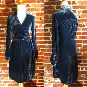 Anthropologie MAEVE dusky blue Velvet v-neck collared belted shirt / wrap dress